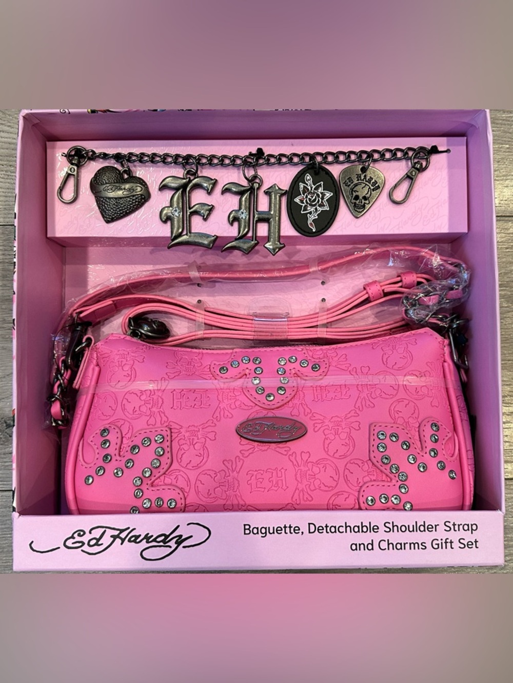 Ed Hardy Gift Set Hot Pink Rhinestone Baguette Bag with Charm Chain